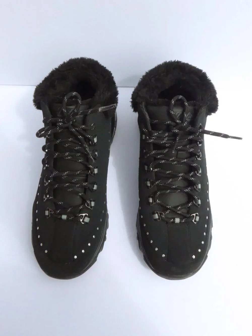 Skechers d'lites black and silver faux fur trim lace up high top sneakers 8.5